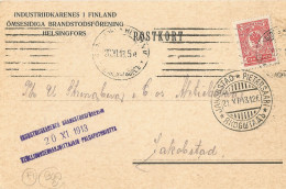 FINLAND - FRANKED COMMERCIAL PC BY INDUSTRIIDKARENES CO. TO STRENGBERG CO. FROM HELSINGFORS TO JAKOBSTAD - 1913 - Lettres & Documents