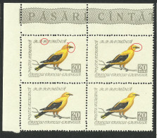 Error - Rar , Rar ,  - Romania  Airmail  1959 Bird X4 MNH -  Double Beak In Birds / Letter "R" - Errors, Freaks & Oddities (EFO)