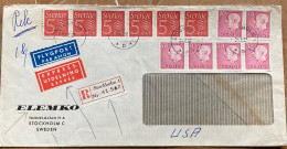 SWEDEN-1967, COVER REGISTER, USED TO USA, EXPRESS & AIRMAIL VIGNETTE, 12 MULTI STAMP, FIGURES, KING GUSTAV, STOCKHOLM CI - Storia Postale