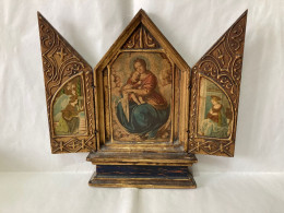 ARTE SACRA ICONA ANTICO TRITTICO RELIGIOSO LEGNO RAFFIGURANTE LA MADONNA E SANTI - Arte Religioso