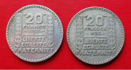 France Lot De 2 Pièces De 20 Francs Turin En Argent 1933 Rameaux Courts Et 1933 Rameaux Longs - Gad 852 - 20 Francs