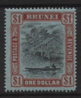Brunei (11) 1908 Issue. Watermark Multiple Crown CA. $1 Black & Red On Blue. Unused. Hinged. - Brunei (...-1984)