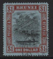 Brunei (12) 1908 Issue. Watermark Multiple Crown CA. $1 Black & Red On Blue. Used. Hinged. - Brunei (...-1984)