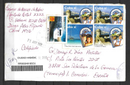 Cuba Registered Cover With Tourism & Train Stamps Sent To Spain - Storia Postale