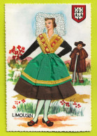 Carte Brodée Du LIMOUSIN Jeune Femme En Costume Et Coiffe - Bestickt