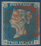 Grande Bretagne N°2 2 Penny Bleu Oblitéré Croix De Malte Distinctive (BRIGHTON Probable !) Rouge Légère, TTB/SUP RR - Used Stamps