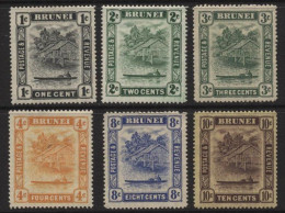 Brunei (26) 1924 River View. Watermark Multiple Script CA. 6 Values. Unused. Hinged. - Brunei (...-1984)