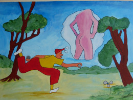 Dessin 21,2x30 Peinture Acrylique Art Contemporain Art Brut Art Naïf Sport Jeu Boule Bouliste Pétanque FANNY BENETON - Zeitgenössische Kunst