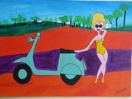 Dessin 21x30 Peinture Acrylique Art Contemporain Art Brut Art Naïf Scooter Vespa 2 Roues Pin-up Sexy BENETON - Arte Contemporáneo