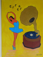 Dessin 21x29,7 Peinture Acrylique Art Contemporain Art Brut Art Naïf Gramophone Phonographe Phono Danseuse BENETON - Zeitgenössische Kunst