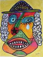 Dessin 21x22 Peinture Acrylique Art Contemporain Art Brut Art Naïf "le Clown Triste"  BENETON Signée Au Dos - Contemporary Art