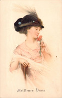 Illustration Non Signée  - Femme - Mode - Chapeau à Plume - Fleur - Carte Postale Ancienne - Unclassified