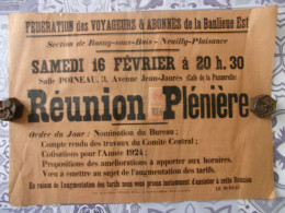 Affiche Transport Federation Des Voyageurs & Abonnes De La Banlieue Est 1923 - Posters