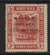 Brunei (37) 1922 Malaya-Borneo Exhibition. 3c. Scarlet. Short 'N' Variety. Unused. Hinged. - Brunei (...-1984)