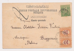 CARTE BFE SAGE CONSTANTINOPLE TIMBRES TAXE ITALIENS 10C PAIRE BUGGERU SARDAIGNE COVER CARD - Lettres & Documents