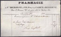 +++ Mae - FACTURE - Pharmacie - DEROSNE - PARIS - Rue St Honoré - Pour Chevalier De Moreau - 1833  // - 1800 – 1899
