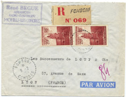 1956 COMORES LETTRE RECOMMANDEE PAR AVION POUR LYON OBLITERATION TIRETEE FOMBONI 9 -2 56 COMORES - Storia Postale