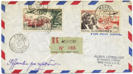 1950 COMORES LETTRE RECOMMANDEE PAR AVION POUR  NEW-YORK AFFR P.A. N° 1 ET 2 OBL MORONI 20 JUIN 50 - Briefe U. Dokumente