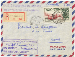 1958 COMORES LETTRE RDEE PAR AVION AFFR 50f PA OBL MUTSAMUDU AVEC GRIFFE BILINGUE DE PROPAGANDE ELECTORALE - Storia Postale