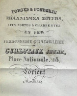 MORBIHAN  1853 ENTETE FORGES ET FONDERIE Guillotaux Jeune à Lorient Pour Bordeaux V.HISTORIQUE SUR CETTE FONDERIE - 1800 – 1899