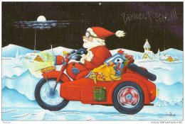 Carte De Voeux Bonnes Fêtes - Père Noel Santa Claus Faisant Sa Tournée à Moto - Papá Noel