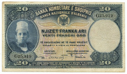 20 FRANCHI ORO BANCA NAZIONALE D'ALBANIA PROTETTORATO FEBBRAIO 1926 BB - Non Classificati