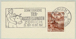 Schweiz / Helvetia 1947, Flaggenstempel Tier-Ausstellungen Zürich, Kuh / Vache / Cow - Koeien