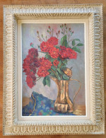 Rare Peinture Toile 55X38 Cm Tableau Artiste Victor Carlu Nature Morte Roses Pichet - Waterverf