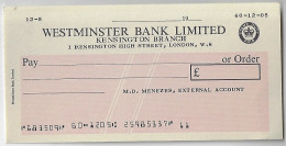 Great Britain 1960s Check Westminster Bank Ltd value In Pound Stamp Duty Paid London Agency - Chèques & Chèques De Voyage