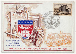 FRANCE - Carte Commémorative  "XXIVe Congrès National BORDEAUX 1951" + Cachet Troupes Coloniales PARIS - Commemorative Postmarks