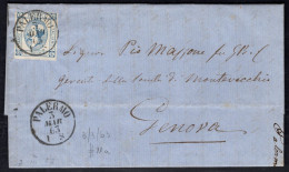 1863  3 Mar    15 C. Sass. 12a Su Busta Da Palermo X Genova Primo Periodo D 'uso CV 100 - Marcophilia