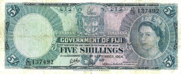 FIJI BRITISH 5 SHILLINGS BLUE QEII HEAD FRONT & MOTIF BACK DATED 01-09-1964 P.51d VF+ READ DESCRIPTION!! - Fidji