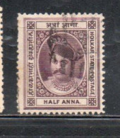 INDIA INDE INDORE HOLKAR 1889 1892 MAHARAJA SHIVAJI RAO 1/2a USED USATO OBLITERE' - Holkar