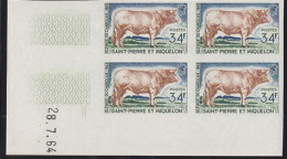 ST. PIERRE & MIQUELON(1964) Charolais Bull. Imperforate Corner Block Of 4. Scott No 373, Yvert No 375. - Ongetande, Proeven & Plaatfouten