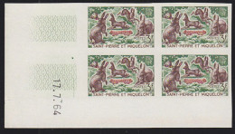 ST. PIERRE & MIQUELON(1964) Rabbits. Imperforate Corner Block Of 4. Scott No 370, Yvert No 372. - Imperforates, Proofs & Errors