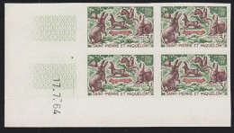 ST. PIERRE & MIQUELON(1964) Rabbits. Imperforate Corner Block Of 4. Scott No 370, Yvert No 372. - Ongetande, Proeven & Plaatfouten