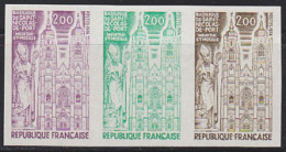 FRANCE(1974) St. Nicolas De Porte Basilica. Trial Color Proof Strip Of 3. Scott No 1405, Yvert No 1810. - Color Proofs 1945-…