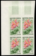 ST. PIERRE & MIQUELON(1962) Pink Lady's Slipper Orchid. Imperforate Corner Block Of 4 Cypripedium Acaule. Yvert 362 - Imperforates, Proofs & Errors