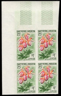 ST. PIERRE & MIQUELON(1962) Pink Lady's Slipper Orchid. Imperforate Corner Block Of 4 Cypripedium Acaule. Yvert 362 - Ongetande, Proeven & Plaatfouten