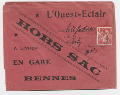 FRANCE IRIS 1FR ROUGE   SEUL HORS SAC ENVELOPPE BATZ 1941  POUR RENNES GARE - 1939-44 Iris