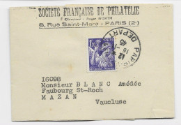 FRANCE IRIS 1FR20 VIOLET SEUL PETITE BANDE COMPLETE  PARIS 16.4.1945 TARIF 2EME - 1939-44 Iris