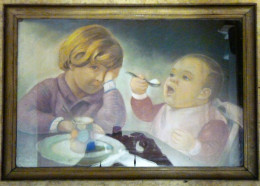 SUPERBE DESSIN PASTEL DEBUT 1900 SIGNE LEON TRUFLED " REPAS DE BEBE " ENCADRE TB - Pastell