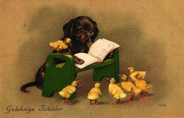 Hund, Dackel (?), Küken, "Gelehriger Schüler", Sign. M.FL., Um 1910/20 - Dogs