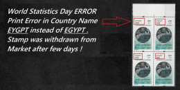 Egypt Stamps Block 4 Margin EGYPTE 2020 World Statistics Day RARE Error Stamp In Country Name EYGPT I/O EGYPT -Withdrawn - Nuovi