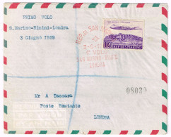 1959  BUSTA PRIMO VOLO SAN MARINO-RIMINI-LONDRA CONTENENTE CARTONCINO PUBBLICITARIO - Storia Postale