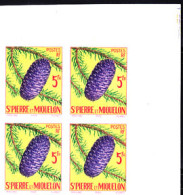 ST. PIERRE & MIQUELON(1959) Spruce. Imperforate Corner Block Of 4. Scott No 357, Yvert No 359. - Ongetande, Proeven & Plaatfouten