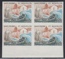 ST. PIERRE & MIQUELON(1974) Fishermen. Church Of Our Lady Of The Sailors. Imperforate Margin Bl/4. Yvert 440, Scott 438 - Non Dentelés, épreuves & Variétés