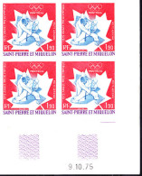 ST. PIERRE & MIQUELON(1975) Judo. Maple Leaf. Imperforate Corner Block Of 4. Scott No C58. Yvert No PA61. Montreal - Geschnittene, Druckproben Und Abarten