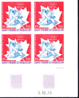 ST. PIERRE & MIQUELON(1975) Judo. Maple Leaf. Imperforate Corner Block Of 4. Scott No C58. Yvert No PA61. Montreal - Ongetande, Proeven & Plaatfouten