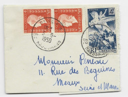 FRANCE DULAC 50C PAIRE +4FR LIBERATION PETITE BANDE COMPLETE PARIS 3.6.1950 POUR MEAUX AU TARIF USAGE TARDIF - 1944-45 Maríanne De Dulac